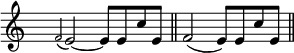 
  \new Staff {
  \time 4/4
\override Staff.TimeSignature.transparent = ##t
      \relative c' { \appoggiatura f2 e ~ e8 e c' e, \bar "||" f2( e8) e c' e, \bar "||"

      }
  }
