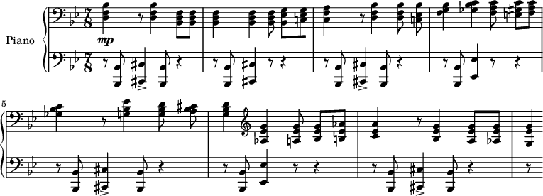 
\version "2.18.2"
\header {
  tagline = ##f
}

upper = \relative c {
    \clef bass 
    \key bes \major
    \time 7/8
    \tempo 4 = 146

   %% Finale
   < d f bes >4\mp r8 q4 < bes d f >8[ q] | q4 q q8 < bes ees g >[ < c! ees g >8 < c f a >4] | 
   r8 < d f bes >4 q8 < c! ees bes' >8 < f g bes >4 < ges bes c > < f a c >8 < e! gis c >8[ < f a c >] | 
   < ges bes c >4 r8 < g! bes ees >4 < g bes d >8 < a bes cis > < g bes d >4
   \clef treble \relative c'
   < aes ees' g >4 < a ees' g >8 < bes ees g >8[ < b! ees aes >] | 
   < c ees a >4 r8 < bes ees g >4 < a ees' g >8[ < aes ees' g >8] < g ees' g >4*1/2

}

lower = \relative c {
    \clef bass 
    \key bes \major
    \time 7/8

    r8 < bes, bes' >8 < cis cis' >4-> < bes bes' >8 r4
    r8 < bes bes' >8 < cis cis' >4 r8 r4
    r8 < bes bes' >8 < cis cis' >4-> < bes bes' >8 r4
    r8 < bes bes' >8 < ees ees' >4 r8 r4
    r8 < bes bes' >8 < cis cis' >4-> < bes bes' >8 r4
    r8 < bes bes' >8 < ees ees' >4 r8 r4
    r8 < bes bes' >8 < cis cis' >4-> < bes bes' >8 r4 | r8

} 

\score {
  \new PianoStaff <<
    \set PianoStaff.instrumentName = #"Piano"
    \new Staff = "upper" \upper
    \new Staff = "lower" \lower
  >>
  \layout {
    \context {
      \Score
      \override SpacingSpanner.common-shortest-duration = #(ly:make-moment 1/3)
      \remove "Metronome_mark_engraver"
    }
  }
  \midi { }
}
