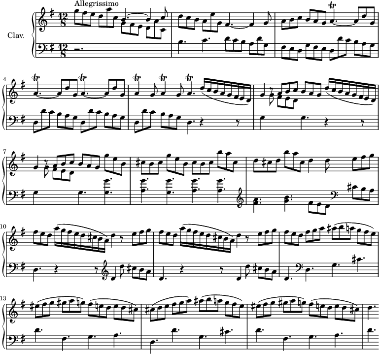 
\version "2.18.2"
\header {
 tagline = ##f
 % composer = "Domenico Scarlatti"
 % opus = "K. 103"
 % meter = "Allegrissimo"
}

%% les petites notes
trillAp = { \tag #'print { a4.\trill~ } \tag #'midi { b32 a b a~ a4~ } }
trillA = { \tag #'print { a4\trill } \tag #'midi { b32 a b a~ a8 } }

upper = \relative c'' {
 \clef treble 
 \key g \major
 \time 12/8
 \tempo 4. = 110
 \set Staff.midiInstrument = #"harpsichord"
 \override TupletBracket.bracket-visibility = ##f
 \omit TupletNumber

 s8*0^\markup{Allegrissimo}
 g'8 fis e d a' c, \stemUp b4.^~ b4 c8 \stemNeutral | d8 c b a e' g, fis4.~ fis4 g8 | a8 b c b a g \repeat unfold 3 { \trillAp a8 d g, } |
 % ms. 5
 \repeat unfold 2 { \trillA g8 } \trillAp \repeat unfold 2 { \times 6/8 { d16( c b a g fis e d) } | g4 c8\rest \stemUp a b c b a g } \stemNeutral g'8 e b 
 % ms. 8
 cis8 b cis g' e b cis b cis b' a cis, d cis d b' a cis, d4 d8 \repeat unfold 2 { e fis g |
 % ms. 10
 fis8 e d \times 6/8 { a'16( g fis e d cis b a) } d4 r8 } e8 fis g | fis e d fis g a ais( b a g fis e) |
 % ms. 13
 eis8( fis g gis a g) fis( e d e d cis) | cis( d e fis g a) ais( b a g fis e) | eis8( fis g gis a g) fis( e d e d cis) |
 % ms. 16
 d4.

}

lower = \relative c' {
 \clef bass
 \key g \major
 \time 12/8
 \set Staff.midiInstrument = #"harpsichord"
 \override TupletBracket.bracket-visibility = ##f

 % ************************************** \appoggiatura \repeat unfold 2 { } \times 2/3 { }
 r2. \stemDown \change Staff = "upper" g'8 fis e d a' c, | \change Staff = "lower" b4. c d8 c b a d g, | fis e d g fis e \repeat unfold 4 { d d' c b a g } |
 % ms. 5
 d4. r4 r8 | g4 \stemDown \change Staff = "upper" g'8 fis e d \change Staff = "lower" g,4. r4 r8 |
 % ms. 7
 g4 \stemDown \change Staff = "upper" g'8 fis e d \change Staff = "lower" g,4. \repeat unfold 2 { < g g' >4. | < a g' > } < a g' >4. | \clef treble < fis' a >4. < g b > fis8 e d \clef bass cis b a | \stemNeutral
 % ms. 10
 d,4. \repeat unfold 2 { r4 r8 \clef treble d'4 d'8 cis b a d,4. } \clef bass d,4. g cis |
 % ms. 13
 d4. fis, g a | d, d' g, cis d | fis, g a | d

}

thePianoStaff = \new PianoStaff <<
 \set PianoStaff.instrumentName = #"Clav."
 \new Staff = "upper" \upper
 \new Staff = "lower" \lower
 >>

\score {
 \keepWithTag #'print \thePianoStaff
 \layout {
 #(layout-set-staff-size 17)
 \context {
 \Score
 \override SpacingSpanner.common-shortest-duration = #(ly:make-moment 1/2)
 \remove "Metronome_mark_engraver"
 }
 }
}

\score {
 \keepWithTag #'midi \thePianoStaff
 \midi { }
}
