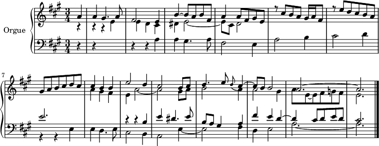 
\version "2.18.2"
\header {
  tagline = ##f
}

upper = \relative c'' {
    \clef treble 
    \key a \major
    \time 3/4
    \tempo 4 = 72 

   %% PRÉLUDE en la majeur
   << { \partial 4 a4 a gis4. a8 fis2 e4 | b'4~ b8 a b fis | a4 a8 fis gis e | r8 cis'8 b a gis16 a fis8 | r8 e'8 d cis b a gis a b cis d cis } \\ { r4 r4 r 4 e,4 | e d cis dis e2~ | e8 cis d2 } >>
   << { cis'4 b b e2 d4 cis2 b8 cis | d4. e8 \grace d8_( cis4~) | cis8 b b2 a2.~ a } \\ { a4 gis fis e a2~ a gis8 a b2 a4 a2 gis4 a8 e~ e fis g fis e2. \bar "|." } >>
   

}

lower = \relative c' {
    \clef bass 
    \key a \major
    \time 3/4

     r4 r4*3 r4 r4 a4 a gis4. a8 fis2 e4 a2 b4 cis2 d4 
    %% ms. 7
    << { e2. | s2. | r4 r4 b4 e dis4. e8 b a gis4 a fis' e d~ | d cis8 d e d cis2. } \\ { r4 r4 e,4 e d4. e8 cis2 b4 a2 e'4~ | e2 fis4 d e2 a2.~ a } >>
} 

\score {
  \new PianoStaff <<
    \set PianoStaff.instrumentName = #"Orgue"
    \new Staff = "upper" \upper
    \new Staff = "lower" \lower
  >>
  \layout {
    \context {
      \Score
      \remove "Metronome_mark_engraver"
      \override SpacingSpanner.common-shortest-duration = #(ly:make-moment 1/2)
    }
  }
  \midi {  \set Staff.midiInstrument = #"church organ"  }
}
