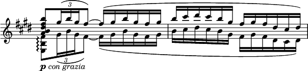 
\relative c' \new Staff \with { \remove "Time_signature_engraver" } {
 \key e \major \time 6/8
  <<
   {
    \override TupletBracket.bracket-visibility = ##f
    <b'' fis dis b a>8_\markup { \dynamic p \italic { con grazia } }[
    \times 2/3 { gis16( b gis } fis8) ] ~ fis16( gis b gis fis gis
    b cis dis cis b gis fis gis fis dis cis dis)
   }
  \\
   {
    \override TupletBracket.bracket-visibility = ##f
    <fis, b, e,>8\arpeggio [ \times 2/3 { gis16( b gis } fis8) ] ~ fis16( gis b gis fis gis
    b cis dis cis b gis fis gis fis dis cis dis)
   }
  >>
}
