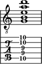  
<<
  %\override Score.BarLine.break-visibility = ##(#f #t #t)
  \time 1/1
    \new Staff  {
    \clef "treble_8"
        \once \override Staff.TimeSignature #'stencil = ##f
        < g b e' a' d''>1
    }

     \new TabStaff {
       \override Stem #'transparent = ##t
       \override Beam #'transparent = ##t 
      < g\5 b\4 e'\3 a'\2 d''\1>1
  }
>>
