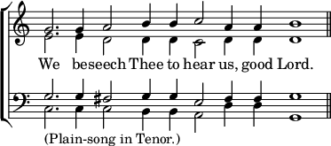 \new ChoirStaff << \override Score.TimeSignature #'stencil = ##f
  \new Staff <<
    \new Voice \relative g' { \cadenzaOn \stemUp g2. g4 a2 b4 b c2 a4 a b1 \bar "||" }
    \new Voice \relative e' { \stemDown e2. e4 d2 d4 d c2 d4 d d1 } 
  \addlyrics { We be -- seech Thee to hear us, good Lord. } >>
  \new Staff << \clef bass
    \new Voice \relative g { \stemUp g2. g4 fis2 g4 g e2 fis4 fis g1 }
    \new Voice \relative c { \stemDown c2._"(Plain-song in Tenor.)" c4 c2 b4 b a2 d4 d g,1 } >> >>