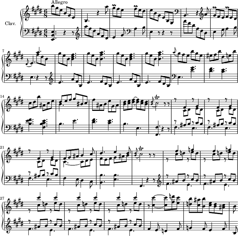 
\version "2.18.2"
\header {
 tagline = ##f
 % composer = "Domenico Scarlatti"
 % opus = "K. 135"
 % meter = "Allegro"
}

%% les petites notes
trillGisq = { \tag #'print { gis8\prall } \tag #'midi { a32 gis a gis } }
trillFisq = { \tag #'print { fis8\prall } \tag #'midi { gis32 fis gis fis } }
trillCisb = { \tag #'print { cis2\trill } \tag #'midi { dis32 cis dis cis dis cis~ cis16~ cis4 } }

upper = \relative c'' {
 \clef treble 
 \key e \major
 \time 6/8
 \tempo 4. = 96
 \set Staff.midiInstrument = #"harpsichord"
 \override TupletBracket.bracket-visibility = ##f

 s8*0^\markup{Allegro}
 b'8 gis e b gis e | b4. r4 a''8 | \trillGisq fis8 e \trillFisq e dis | e b gis e b gis | \clef bass
 % ms. 5
 b,4. r4 \clef treble a''8 | \trillGisq fis8 e \trillFisq e dis | \appoggiatura dis8 e4. << { a'4. } \\ { fis8 dis b } >> |
 % ms. 8
 \repeat unfold 2 { gis'8 e b < b dis fis >4. | gis'8 e b < b fis' a >4. } | \appoggiatura a'8 gis8 fis e b' gis e | eis fis b dis, e b' | cis, dis b' | ais, cis e |
 % ms. 15
 << { dis8 e fis | gis bis, cis } \\ { b4. } >> | fis'8 ais, b e gis, ais | < b dis >8 < cis e > < dis fis >~ q8 < cis e > < b dis > | \appoggiatura < b dis >8 \trillCisb r8 r8 |
 % ms. 19
 \repeat unfold 3 { << { r8 fis,4 r8 gis4 } \\ { s8 cis,8 dis s8 e dis } >> } | << { fis8 gis ais b4 cis8 | dis4. e4 dis8 } \\ { cis,4.~ cis8 dis e| fis e fis gis ais b } >> | \appoggiatura < b dis >8 \trillCisb r8 r8 |
 % ms. 25
 \repeat unfold 2 { << { s8 fis4 s8 g4 } \\ { r8 cis,8 d r8 e8 d } >> } | \repeat unfold 3 { << { s8 cis'4 s8 cis4 } \\ { r8 cis,8 d r8 e d } >> }
 % ms. 30
 r8 < cis cis' >4~ q8 < fis d' >8 < e cis' > | < d b' > < cis ais' > < b b' > < cis e > < b d > < ais cis > | b8

}

lower = \relative c' {
 \clef bass
 \key e \major
 \time 6/8
 \set Staff.midiInstrument = #"harpsichord"
 \override TupletBracket.bracket-visibility = ##f

 % ************************************** \appoggiatura a16 \repeat unfold 2 { } \times 2/3 { } \omit TupletNumber 
 < e,, b' e >4. r4 r8 | \clef treble a'''8 fis dis a fis dis | e4 gis8 \clef bass a,4 b8 | e,4 r8 r4 r8 |
 % ms. 5
 a'8 fis dis a fis dis | e4 gis8 a4 b8 | e,4. r4 r8 | \clef treble 
 % ms. 8
 \repeat unfold 2 { e'4. a8 fis b, | e4. fis8 dis b } | \clef bass e,4. < e' gis >4. | < dis fis > < cis e > | < b e fis > < fis b cis e > |
 % ms. 15
 b4. e | < dis fis > < cis e > | b e, | < fis, fis' >4. r4 r8 | 
 % ms. 19
 \repeat unfold 3 { << { r8 ais'8 b r8 cis8 b } \\ { fis4. e } >> } | << {} \\ { fis4 e8 dis4 cis8 } >> | < b b' >4. < e b' > | fis,4. r4 r8 | \clef treble 
 % ms. 25
 \repeat unfold 5 { << { r8 ais''8 b r8 cis8 b } \\ { fis4. e } >> } |
 % ms. 30
 fis4 e8 d4 fis8 | g4 fis8 e4 fis8 | b,8

}

thePianoStaff = \new PianoStaff <<
 \set PianoStaff.instrumentName = #"Clav."
 \new Staff = "upper" \upper
 \new Staff = "lower" \lower
 >>

\score {
 \keepWithTag #'print \thePianoStaff
 \layout {
 #(layout-set-staff-size 17)
 \context {
 \Score
 \override SpacingSpanner.common-shortest-duration = #(ly:make-moment 1/2)
 \remove "Metronome_mark_engraver"
 }
 }
}

\score {
 \keepWithTag #'midi \thePianoStaff
 \midi { }
}
