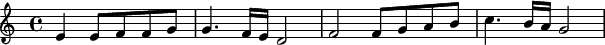 {\ aika 4/4 \ skip4 e 'e'8 f' f 'g '4.  f'16 e 'd'2 f' f'8 g 'a' b 'c' 4.  b'16 a 'g'2}