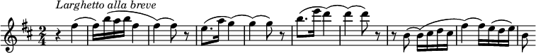 {
  \clef violin \key d \major \time 2/4 \tempo 4 = 50
  \set Score.tempoHideNote = ##t
  r4 ^\markup{\italic{Larghetto alla breve}} fis''(
  fis''16) b''( a'' b'' fis''4(
  fis''4)( fis''8) r
  e''8.( a''16 g''4)(
  g''4)( g''8) r
  b''8.( e'''16 d'''4)(
  d'''4)( d'''8) r
  r8 b'8( b'16)( cis'' d'' cis''
  fis''4)( fis''16) e''( d'' e'')
  b'8
}