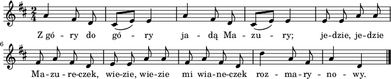  
\relative a {
\set Staff.midiInstrument = "viola" 
\key d \major
\time 2/4
\autoBeamOff
a'4 fis 8 d | cis [(e)] e4 | a4 fis 8 d | cis [(e)] e4 | e8 e a a | fis a fis d | e e a a | fis a fis d | d'4 a8 fis | a4 d,
\bar "|."
}
\addlyrics {
Z_gó -- ry do gó -- ry ja -- dą Ma -- zu -- ry;
je -- dzie, je -- dzie Ma -- zu -- re -- czek,
wie -- zie, wie -- zie mi wia -- ne -- czek
roz -- ma -- ry -- no -- wy.
}
