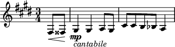 
\version "2.18.2"
\header {
 tagline = ##f
}

\score {
 \new Staff \with {

 }
<<
 \relative c {
 \key e \major
 \time 3/4
 \tempo 4 = 52
 \override TupletBracket #'bracket-visibility = ##f 

 % thème mvt 2
 \partial 4
 fis8\< fisis\! gis4\mp_\markup{\italic "cantabile"} gis a8 gis cis cis b bes a4

 }
>>
 \layout {
 \context { \Score \remove "Metronome_mark_engraver" }
 }
 \midi {}
}
