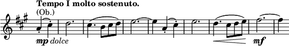 
\relative c' \new Staff \with { \remove "Time_signature_engraver" } {
 \key a \major \time 3/4 \partial 2 \tempo "Tempo I molto sostenuto."
  a'4-._\markup { \dynamic mp \italic dolce } ^\markup (Ob.) ( cis-.) d2. cis4.( b8 cis d) e2.~ e4
  a,-.( cis-.) e2. d4.\<( cis8 d e) fis2.~\mf fis4
}
