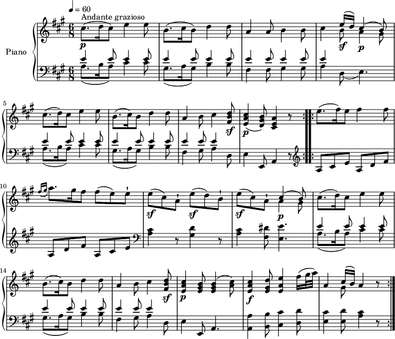 
\version "2.14.2"
\header {
 tagline = ##f
}

upper= \relative c'' {
 \clef treble
 \key a \major
 \time 6/8
 \tempo 4 = 60
 \tempo "Andante grazioso"
 \set Staff.midiInstrument = #"piano"

 \repeat volta 2 {
 cis8.\p^\markup { Andante grazioso } (d16 cis8) e4 e8
 b8. (cis16 b8) d4 d8
 a4 a8 b4 b8
 cis4 << {e16\sf (d) cis4 ^(b8) } \\ {b8 a4\p gis8} >>
 cis8. (d16) cis 8 e4 e8
 b8. (cis16) b8 d4 d8
 a4 b8 cis4 <fis, b d>8\sf
 < e a cis>4\p (<d gis b>8) < cis e a>4 r8
 }
 \repeat volta 2 {
 e'8. (fis16) e8 fis4 fis8
 \grace {fis16 (gis} a8.) gis16 fis8 fis8 (e) e-!
 e\sf (cis) a-! e'\sf (d) b-!
 e\sf (cis) a-! <<{ cis4 ^(b8)} \\ { a4\p gis8 } >>
 cis8. (d16) cis 8 e4 e8
 b8. (cis16) b8 d4 d8
 a4 b8 cis4 <fis, b d>8\sf
 <e a cis>4\p <e gis b>8 <e gis b>4 (<a cis>8)
 <e a cis>4\f <e gis d'>8 <e a e'>4 fis'16 (gis32 a)
 a,4 <<{cis16 (b)}\\ {gis8}>> a4 r8
 }
}

lower=\relative c' {
 \clef bass
 \key a \major
 \time 6/8
 \set Staff.midiInstrument = #"piano"

 \repeat volta 2 {
 << { e4 e8 e4 e8 } \\ { a,8.( b16 a8) cis4 cis8 } >>
 << { e4 e8 e4 e8 } \\ { gis,8.( a16 gis8) b4 b8 } >>
 << { e4 e8 e4 e8 } \\ { fis,4 fis8 gis4 gis8 } >>
 << { e'4 } \\ { a,4 d,8( e4.) } >>
 << { e'4 e8 e4 e8 } \\ { a,8.( b16 a8) cis4 cis8 } >>
 << { e4 e8 e4 e8 } \\ { gis,8.( a16 gis8) b4 b8 } >>
 << { e4 e8 e4 } \\ { fis,4 gis8 a4 d,8 } >>
 e4 e,8 a4 r8
 }
 \repeat volta 2 {\clef treble
 a'8 cis e a, d fis
 a, d fis a, cis e
 \clef bass
 <a, cis>4 r8 < gis d'>4 r8
 <a cis>4 <fis dis'>8 <e e'>4.
 << { e'4 e8 e4 e8 } \\ { a,8.( b16 a8) cis4 cis8 } >>
 << { e4 e8 e4 e8 } \\ { gis,8.( a16 gis8) b4 b8 } >>
 << { e4 e8 e4 } \\ { fis,4 gis8 a4 d,8 } >>
 e4 e,8 a4.
 <a a'>4 <b b'>8 <cis cis'>4 <d d'>8
 <e cis'>4 <e d'>8 <a cis>4 r8
 }
 }
\score {
 \new PianoStaff \with { instrumentName = #"Piano" }
 <<
 \new Staff = "upper" \upper
 \new Staff = "lower" \lower
 >>
\layout { }
\midi { } }

