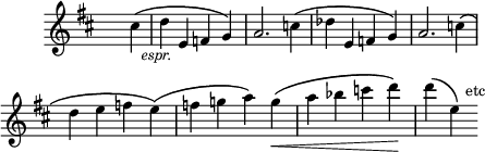 
\score {
\relative c'' { 
\new Staff {
\clef G
\key d \major
\time 4/4
\override Staff.TimeSignature #'transparent = ##t
\override Score.BarNumber #'break-visibility = #'#(#f #f #f)
\partial 4 cis4\( | \once \override TextScript #'extra-offset = #'(-2.5 . 0) d_\markup { \italic "espr." } e, f g\) | a2. c4\( | des  e, f g\) | a2. c4\( | \break
d e f e\)\( | f g! a\) g\(\< | a bes c d\)\! | d\( \once \override TextScript #'extra-offset = #'(2 . -1.5) e,\)^etc
}
} %relative
\layout{
  indent = 1\cm
  line-width = #110
  \set fontSize = #-1
} %layout
} %score
\header { tagline = ##f}
