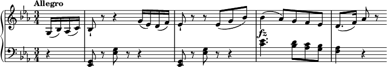 
 \relative c' {
  \new PianoStaff <<
   \new Staff { \key es \major \time 3/4 \partial 4 \set Score.tempoHideNote = ##t \tempo "Allegro" 4=132
    g16 (bes) aes (c) bes8-! r r4 g'16 (es) d (f) es8-! r r es (g bes) bes4 (aes8) g f es d8.( f16) as8 r
     }
   \new Dynamics {
    s1 s2. s4\fz
   }
   \new Staff { \key es \major \time 3/4 \partial 4\clef bass
    r4 <g,, es>8 r <g' es> r r4 <g, es>8 r <g' es> r r4 <es' c>4. <d bes>8 <c aes> <bes g> <as f>4 r
   }
  >>
 }
