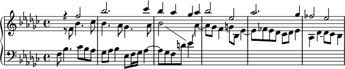 
\version "2.18.2"
\header {
  tagline = ##f
}

upper = \relative c''
{
  \clef treble 
  \key ees \minor
  \time 4/4
  \tempo 4 = 66
  \set Score.currentBarNumber = #77
  \set Staff.midiInstrument = #"harpsichord" 

   %% FUGUE CBT I-14, BWV 859, fa-dièse mineur
   \partial 2..
   << { s8 r4 f2 | bes2. ces4 | bes aes ges aes | bes2 ees, | aes2. ges4 | fes2 ees~ } \\ { s8 r8 f,8 bes4. ces8 | bes4. aes8 ges4. aes8 bes2 \showStaffSwitch \stemUp \change Staff = "lower" ees,4 \change Staff = "upper" | \stemDown aes4~ aes8 ges f4 g8 bes, ees4~ ees8 fes ees des ces des ees4 aes, des~ des8 ces bes4 } >>
}

lower = \relative c
 {
  \clef bass 
  \key ees \minor
  \time 4/4
  \set Staff.midiInstrument = #"harpsichord" 
    
  f8 bes4. ces8 bes aes ges aes bes4 ees,8 f16 ges aes4~ aes8 ges f d' ees4 s4 s1*3
  
} 

\score {
  \new PianoStaff <<
    \set PianoStaff.instrumentName = #""
    \new Staff = "upper" \upper
    \new Staff = "lower" \lower
  >>
  \layout {
    \context {
      \Score
      \remove "Metronome_mark_engraver"
      \override SpacingSpanner.common-shortest-duration = #(ly:make-moment 1/2)
    }
  }
  \midi { }
}
