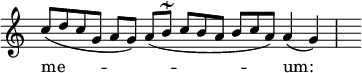 
\language "italiano"
melody = \relative do'' {
  \time 9/4
  do8[( re do sol] la[ sol]) la[( si\haydnturn] do[ si la] si[ do la]) la4( sol) | \hideNotes sol8
}
text = \lyricmode {
   me -- \skip 1 um:
}
\score {
  <<
    \new Voice = "mel" { \stemUp \slurDown \melody }
    \new Lyrics \lyricsto mel \text
  >>
  \layout {
    \context { \Staff \RemoveEmptyStaves \remove Time_signature_engraver }
    indent = 0\cm
    line-width = #120
    \override Score.BarNumber #'stencil = ##f
  }
  \midi { }
}
\header { tagline = ##f}
