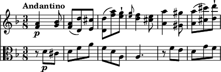 
<< 
  \new Staff  
  \relative c' {
     \version "2.18.2"
     \key f \major
     \tempo "Andantino"
     \time 3/8
   <f a>4\p <g bes>8
    <f a> ( <d d'>)  <e cis'>
     <d d'> (<f' a>) <e g>-!
     << {\grace e8 d4 cis8} {\grace g'8 f4 e8}>>
     <a, a'>4 <gis gis'>8
     <a a'> (<cis cis'>) <d d'>-!
  } 
  \new Staff
  \relative c' {
    \clef alto
    \key f \major
    \time 3/8
    r8 d8\p cis
    d f a
    f d a
    a4.
    r8 f'8 e
    d g f  
  }
>>
