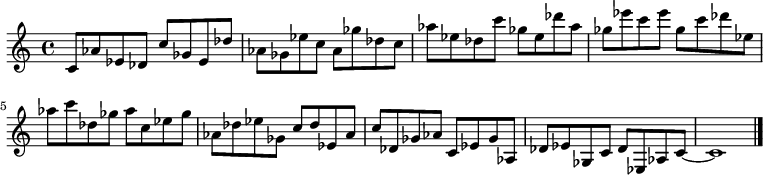 
{

\modalTranspose c c' { c des ees ges aes } { c8 aes ees } 
\modalTranspose c des' { c des ees ges aes } { c aes ees } 
\modalTranspose c ees' { c des ees ges aes } { c aes ees } 
\modalTranspose c ges' { c des ees ges aes } { c aes ees } 
\modalTranspose c aes' { c des ees ges aes } { c aes ees } 
\modalTranspose c c'' { c des ees ges aes } { c aes ees } 
\modalTranspose c des'' { c des ees ges aes } { c aes ees } 
\modalTranspose c ees'' { c des ees ges aes } { c aes ees } 
\modalTranspose c ges'' { c des ees ges aes } { c aes ees } 

\modalInversion c ees''' { c des ees ges aes } { c aes ees } 
\modalInversion c des''' { c des ees ges aes } { c aes ees } 
\modalInversion c c''' { c des ees ges aes } { c aes ees } 
\modalInversion c aes'' { c des ees ges aes } { c aes ees } 
\modalInversion c ges'' { c des ees ges aes } { c aes ees } 
\modalInversion c ees'' { c des ees ges aes } { c aes ees } 
\modalInversion c des'' { c des ees ges aes } { c aes ees } 
\modalInversion c c'' { c des ees ges aes } { c aes ees } 
\modalInversion c aes' { c des ees ges aes } { c aes ees } 
\modalInversion c ges' { c des ees ges aes } { c aes ees } 
\modalInversion c ees' { c des ees ges aes } { c aes ees } 
\modalInversion c des' { c des ees ges aes } { c aes ees } 

c'~ c'1

\bar "|."
}
