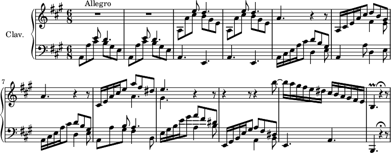 
\version "2.18.2"
\header {
  tagline = ##f
}

% les petites notes
TrillB   = { \tag #'print { b4.~\prall } \tag #'midi { \repeat unfold 3 { cis32 b } \tempo 4. = 62 cis b~ \tempo 4. = 50 b4 }  }

upper = \relative c'' {
  \clef treble 
  \key a \major
  \time 6/8
  \tempo 4. = 66
  \set Staff.midiInstrument = #"harpsichord"

    R2.*2^\markup{Allegro} \repeat unfold 2 { << { s4 e8 d4. } \\ { a,8 a' cis b gis e } >> } a4. r4 r8 |
    % ms. 4
    a,16 cis e a cis8 << { d8 b gis } \\ { fis4 e8 } >> a4. r4 r8 | cis,16 e a cis e8 << { a8 fis dis | e4. } \\ { a,4. gis } >> r4 r8 |
    % ms. 10
    r4 r8 r4 b'8~ | b16 a gis fis e dis cis b16 a gis fis e | \TrillB r4\fermata r8 | 

}

lower = \relative c' {
  \clef bass
  \key a \major
  \time 6/8
  \set Staff.midiInstrument = #"harpsichord"

    % **************************************
     \repeat unfold 2 { << { s4 e8 d4. } \\ { a,8 a' cis b gis e } >> } | \repeat unfold 2 { a,4. e } | a16 cis e a cis8 << { d8 b gis } \\ { d4 e8 } >> 
     % ms. 6
     a,4 a'8 d,4 e8 | a,16 cis e a cis8 << { d8 b gis s4 b8 a4. } \\ { d,4 e8 | a,8 a' gis fis4 b,8 } >> | 
     % ms. 9
     e16 gis b e gis8 << { a8 fis dis } \\ { a4 b8  } >> e,,16 gis b e gis8 << { a8 fis dis } \\ { a4 b8  } >> e,4. a b, | r4\fermata r8 | 

} 

thePianoStaff = \new PianoStaff <<
    \set PianoStaff.instrumentName = #"Clav."
    \new Staff = "upper" \upper
    \new Staff = "lower" \lower
  >>

\score {
  \keepWithTag #'print \thePianoStaff
  \layout {
      #(layout-set-staff-size 17)
    \context {
      \Score
     \override SpacingSpanner.common-shortest-duration = #(ly:make-moment 1/2)
      \remove "Metronome_mark_engraver"
    }
  }
}

\score {
  \keepWithTag #'midi \thePianoStaff
  \midi { }
}
