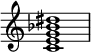  {
\override Score.TimeSignature #'stencil = ##f
\relative c' { 
 \clef treble \time 4/4
 <c e g bes dis>1
} }
