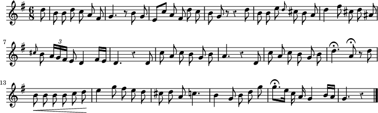 
\relative c'' {
  \override Rest #'style = #'classical
  \key g \major
  \time 6/8
  \partial 8
  \autoBeamOff
  d8
  b b d c a fis
  g4. r8 b g
  e[ c'] a fis d' c
  b g r r4 d'8
  b b e \grace d cis b a

  d4 fis8 cis d ais
  \grace cis b \times 2/3 { a16[ g fis] } e8 d4 fis16[ e]
  d4. r4 d8
  c' a c b g b
  a4. r4 d,8
  c' a c b g b

  d4.\fermata a8\fermata r d
  b\< b b b c d\!
  e4 g8 fis e d
  cis d a c4.
  b4 g8 b d g
  g8.[\fermata e16] c a g4 b16[ a]
  g4. r4
  \bar "|."
}
