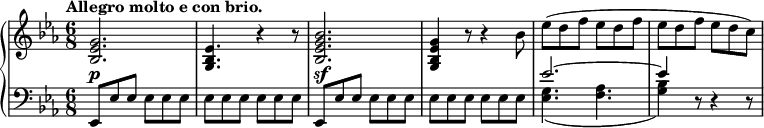 
 \relative c' {
  \new PianoStaff <<
   \new Staff { \key es \major \time 6/8 \tempo "Allegro molto e con brio."
    <g' es bes>2. <es bes g>4. r4 r8 <bes' g es bes>2. <g es bes g>4 r8 r4 bes8
    es( d f es d f es d f es d c)
   }
   \new Dynamics {
    s2.\p s s\sf 
   }
   \new Staff { \key es \major \time 6/8 \clef bass
    <<
     {
      es,,,8 es' es \stemDown es es es | es es es es es es | \stemUp es, es' es \stemDown es es es |
      es es es es es es | \stemUp es'2.~ es4
     }
    \\
     { s2. s s s <g, es>4.( <aes f> <bes g>4) d,8\rest d4\rest d8\rest }
    >>
   }
  >>
 }
