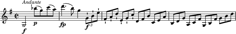 
\relative c'' {
  \version "2.18.2"
  \key g \major
   \time 2/2
  g,2 \f^\markup { \italic { Andante} } bes''8\p (g) c (a)
  d4. \fp (b8) g4 \tuplet 3/2 { g,8-!\f b-! e-! } \scaleDurations 2/3 { fis,8-! [a-! d-!] } \scaleDurations 2/3 {e,-! [g-! c-!]} \scaleDurations 2/3 {d, [fis b]} \scaleDurations 2/3 {c, [e a]}
  \scaleDurations 2/3 {b, [d g]} \scaleDurations 2/3 {a, [c fis]} \scaleDurations 2/3 {g, [b fis']} \scaleDurations 2/3 {g [b d]}
}
