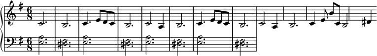 

    \new PianoStaff <<
      \new Staff = "treble" <<
  \key e \minor
  \time 6/8

        \clef treble
        \context Staff {
  \context Voice = "i"
  \voiceOne
  c'2. b
  c'4. e'8 d' c' b2.

  % 09 sec
  c'2 a4 b2.
  c'4. e'8 d' c' b2.
  % 18
  c'2 a4 b2.
  c'4 e'8 b' c' b2 dis'4
}
      >>
      \new Staff = "bass" <<
        \clef bass
  \key e \minor
  \time 6/8

        \context Staff {

  \context Voice = "ii"
  \voiceTwo
  <e a>2. <dis fis>2.
  <e a>2. <dis fis>2.

  <e a>2. <dis fis>2.
  <e a>2. <dis fis>2.

}
      >>
    >>
