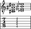  
<<
  %\override Score.BarLine.break-visibility = ##(#f #t #t)
  \time 2/1
    \new Staff  {
    \clef "treble_8"
        \once \override Staff.TimeSignature #'stencil = ##f
        < cis e ais dis' >1 | < des fes bes ees' >1 |
    }

     \new TabStaff {
       \override Stem #'transparent = ##t
       \override Beam #'transparent = ##t 
      s2 < cis\5 e\4 ais\3 dis'\2 >1 s2
  }
>>
