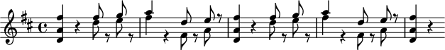 
\header {
  tagline = ##f
}

\score {
  \new Staff \with {

  }
<<
  \relative c'' {
    \key d \major
    \time 4/4
    \override TupletBracket #'bracket-visibility = ##f 
    \autoBeamOff

     %%%%%%%%%%% K 97 - silence à monter
     < d, a' fis' >4 r4 
     << { fis'8 s8 g8 s8 a4 s4 d,8 s8 e8 r8 } \\ { d8 r8 e8 r8 fis4 r4 fis,8 r8 a8 s8 } >>
     < d, a' fis' >4 r4 
     << { fis'8 s8 g8 s8 a4 s4 d,8 s8 e8 r8 } \\ { d8 r8 e8 r8 fis4 r4 fis,8 r8 a8 s8 } >>
     < d, a' fis' >4 r4 

  }
>>
  \layout {
    \context {
      \remove "Metronome_mark_engraver"
    }
  }
  \midi {}
}
