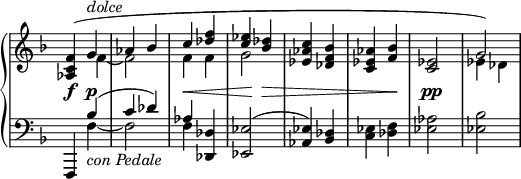 
\relative c' {
 \new PianoStaff <<
  \new Staff \with { \remove "Time_signature_engraver" } {
   \key f \major \time 2/4 \set Score.tempoHideNote = ##t \tempo "" 4=134
   <<
    {
     <f c aes>4( g^\markup \italic dolce aes bes c <f des>
     <es c> <des bes> <c aes es> <bes f des> <aes es c> <bes f> <es, c>2 g)
    }
   \\
    { s4 f~ f2 f4 f g2 s s s es4 des }
   >> 
  }
  \new Dynamics {
   s4\f s\p s2 s4\< s s8 s\! s4\> s2 s4 s\! s\pp
  }
  \new Staff \with { \remove "Time_signature_engraver" } {
   \key f \major \time 2/4 \clef bass
   << { f,,,4 bes''( c des) aes } \\ { s4 f~_\markup { \italic { con Pedale } } f2 f4 } >>
   <des des,> <es es,>2^( <es aes,>4) <des bes> <es c> <f des> <aes es>2 <bes es,>
  }
 >>
}
