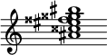 {
  % Rivin lopun pystyviiva ja tahtiosoitus piiloon.
  \override Score.BarLine.break-visibility = ##(#f #t #t)
  \override Staff.TimeSignature #'stencil = ##f
  
  <ais' cisis'' eis'' fisis'' gisis'' bis''>1
}
