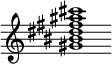 {
  % Rivin lopun pystyviiva ja tahtiosoitus piiloon.
  \override Score.BarLine.break-visibility = ##(#f #t #t)
  \override Staff.TimeSignature #'stencil = ##f
  
  <gis' bis' dis'' fis'' ais'' cis'''>1
}
