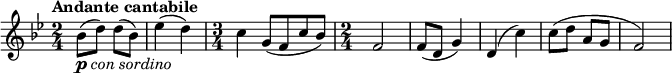 
\version "2.18.2"
\relative c'' {
  \key bes \major
  \time 2/4
  \tempo "Andante cantabile"
  \tempo 4 = 64
  \set Staff.midiInstrument = "Violin"
  bes8_\markup{ \musicglyph #"p" \italic "con sordino" } (d) d (bes)
  ees4 (d)
  \time 3/4 c g8 (f c' bes)
  \time 2/4 f2
  f8 (d g4)
  d (c')
  c8 (d a g
  f2)
}
