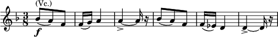  \relative d'' { \key d \minor \time 3/8 bes8^\markup { (Vc.)}_\markup { \dynamic f } ( a) f | f16( g) a4 | a->~ a16 r16 | bes8( a) f | f16( es) d4 | d->~ d16 r16 }