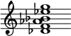 {
  % Rivin lopun pystyviiva ja tahtiosoitus piiloon.
  \override Score.BarLine.break-visibility = ##(#f #t #t)
  \override Staff.TimeSignature #'stencil = ##f
  
  <des' f' aes' bes' ees'' g''>1
}
