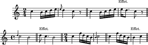 
\score {
\relative c''
    {
    \time 2/4
    \clef G
    \key c \major
    \override Staff.TimeSignature #'break-visibility =  #'#(#f #t #t)
c4 b16 c d e | \grace { e8 } d4 c8 r8 \bar"||"
c4 b16 c d e | \once \override TextScript #'extra-offset = #'(-1 . 2) e16^\markup {"Effet."} d8. c8 r \bar"||" \break
\time 4/4
\grace { d4 } c2 b2 \bar"||" \once \override TextScript #'extra-offset = #'(0 . 1) d8^\markup {"Effet."} c4. b2 \bar"||"
\time 2/4 
c4 f16 d c b | \grace { b4 } c2 \bar"||" 
c4 f16 d c b | \once \override TextScript #'extra-offset = #'(-1 . 1) b4^\markup {"Effet."} c \bar"||" 
    }
\layout{
  indent = 1\cm
  line-width = #122
  \set fontSize = #-2
  \override Score.BarNumber #'break-visibility = #'#(#f #f #f)
} %layout
\midi { }
} %score
\header { tagline = ##f}
