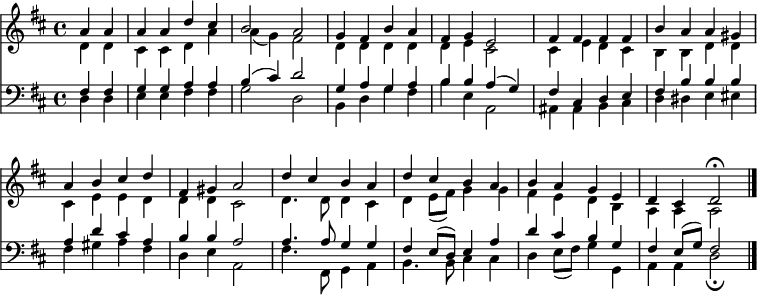 
<< << \ new Staff {\ clef treble \ time 4/4 \ partial 2 \ key d \ major \ set Staff.midiInstrument = "церковный орган" \ set Score.tempoHideNote = ## t \ override Score.BarNumber # ' прозрачный = ## t \ relative c '' << {a4 a |  aad cis |  b2 a |  g4 fis ba |  fis g e2 |  fis4 fis fis fis |  baa gis |  ab cis d |  fis, gis a2 |  d4 цис ба |  d cis ba |  баж |  d cis d2 \ fermata \ bar "|."  } \\ {d4 d |  цис цис да '|  a (g) fis2 |  d4 ddd |  de cis2 |  cis4 ed cis |  bbdd |  цис еид |  dd cis2 |  d4.  d8 d4 цис |  d e8 (fis) g4 g |  fis edb |  aa a2} >>} \ new Lyrics \ lyricmode {} \ new Staff {\ clef bass \ key d \ major \ set Staff.midiInstrument = "церковный орган" \ relative c << {fis4 fis |  ggaa |  b (цис) d2 |  г, 4 ага |  bba (г) |  fis cis de |  fis bbb |  ad cis a |  bb a2 |  а4.  a8 g4 г |  fis e8 (d) e4 a |  d cis bg |  fis e8 (g) fis2} \\ {d4 d |  ee fis fis |  g2 d |  b4 dg fis |  быть, а, 2 |  ais4 ais b cis |  d dis e eis |  fis gis a fis |  деа, 2 |  fis'4.  fis, 8 g4 a |  b4.  b8 цис4 цис |  d e8 (fis) g4 g, |  aa d2 \ fermata} >>} >> >> \ layout {indent = # 0} \ midi {\ tempo 4 = 100}
