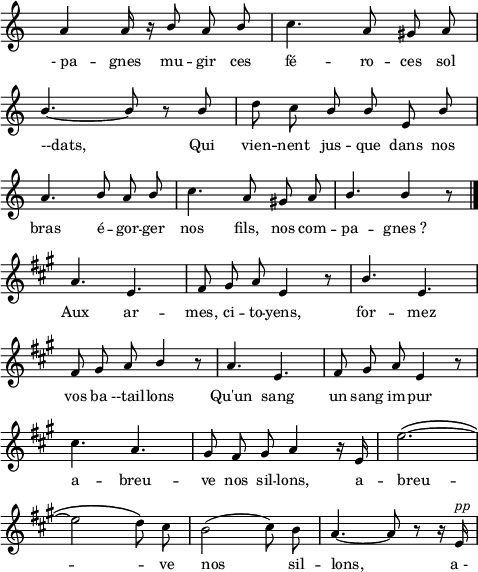 
\score {
\relative c'' {
\new Staff {
\clef G
\key c \major
\time 6/8
\override Staff.TimeSignature #'transparent = ##t
\autoBeamOff \override Rest #'style = #'classical \override Score.BarNumber #'break-visibility = #'#(#f #f #f)
\stemUp a4 a16 r16 b8 a b | \stemNeutral c4. a8 gis a | \break
\stemUp b4.~ b8 r8 b8 | \stemNeutral d c \stemUp b b e, b' | \break
a4. b8 a b | \stemNeutral c4. a8 gis a | \stemUp b4. b4 r8 \bar "|." \break
\set Staff.explicitKeySignatureVisibility = #'#(#f #t #t)
\key a \major
a4. e | fis8 gis a e4 r8 | b'4. e, | \break
fis8 gis a b4 r8 | a4. e | fis8 gis a e4 r8 | \break
\stemNeutral cis'4. a | gis8 fis gis a4 r16 e16 | e'2.\(~ | \break
e2 d8\) cis | b2( cis8) b | a4.~ a8 r8 r16 e16^\markup { \italic pp } |
} %staff
\addlyrics {
-_pa -- gnes mu -- gir ces fé -- ro -- ces sol --dats,
Qui vien -- nent jus -- que dans nos bras
é -- gor -- ger nos fils, nos com -- pa -- gnes_?
Aux ar -- mes, ci -- to -- yens,
for -- mez vos ba --tail -- lons
Qu'un sang un sang im -- pur
a -- breu -- ve nos sil -- lons,
a -- breu -- _ ve nos sil -- lons,
a_-
} %lyrics
} %relative
\layout{
  indent = 0
  line-width = #120
  \set fontSize = #-1
} %layout
} %score
\header { tagline = ##f}
