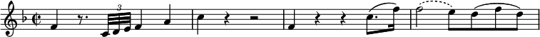 
\relative c' {
\override Score.NonMusicalPaperColumn #'line-break-permission = ##f
  \key f \major
  \time 2/2
  f4 r8. \times 2/3 {c32 d e} f4 a | c r r2 | f,4 r r c'8.(f16) | \slurDashed f2(e8) \slurSolid d(f d) |
}
