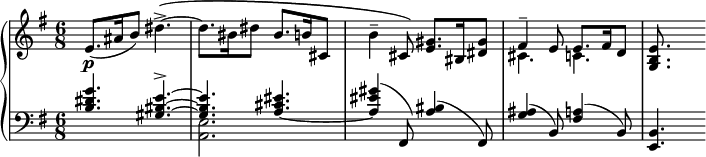 
\version "2.18.2"
\header {
 tagline = ##f
}
upper = \relative c' {
 \clef treble 
 \key g \major
 \time 6/8
 \tempo 4. = 76 % nonobstant le 94 de la partition, c'est beaucoup trop peu pratiqué par les interprètes...
 \tempo "Allegretto"
 %\autoBeamOff
 \set Staff.midiInstrument = #"acoustic grand"

 e8.(\p ais16 b8) dis4.->~\( dis8. bis16 dis8 bis8. b16 cis,8 b'4-- cis,8\) < e gis >8.\( bis16 < dis gis >8
 << { fis4-- e8\) e8. fis16 d8 } \\ { cis4. c4. } >>
 < g b e >8.
}

lower = \relative c' {
 \clef bass
 \key g \major
 \time 6/8
\set Staff.midiInstrument = #"acoustic grand"
 
 << { < b dis g >4. < gis bis e >~-> q < a_~ cis eis >4. < a eis' gis >4( fis,8) < a' bis >4( fis,8) < g' ais >4( b,8) < fis' a >4( b,8) } \\ { s2. < a e' >2. } >>
 < e b' >4.
 
} 

\score {
 \new PianoStaff <<
 \set PianoStaff.instrumentName = #""
 \new Staff = "upper" \upper
 \new Staff = "lower" \lower
 >>
 \layout {
 \context {
 \Score
 \remove "Metronome_mark_engraver"
 }
 }
 \midi { }
}
