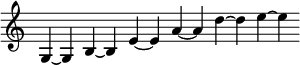 { \override Score.TimeSignature #'stencil = ##f \relative g { \cadenzaOn g4 ~ g b ~ b e ~ e a ~ a d ~ d e ~ e } }