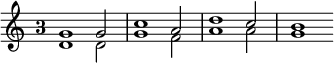 
\language "italiano"
porteeA = \relative do'' {
  \override Staff.TimeSignature.style = #'single-digit
  \time 3/2
  <sol re>1 << { sol2 } \\ { re2 } >> | <do' sol>1 << { la2 } \\ { fa2 } >> | <re' la>1 << { do2 } \\ { la2 } >> | <si sol>1
}
\score { \porteeA
  \layout {
    \context { \Staff \RemoveEmptyStaves }
    indent = 0\cm
    line-width = #120
    \override Score.BarNumber #'stencil = ##f
  }
  \midi { }
}
\header { tagline = ##f}
