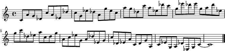 
{

\modalTranspose c c' { c des ees g a } { c8 a g } 
\modalTranspose c des' { c des ees g a } { c a g } 
\modalTranspose c ees' { c des ees g a } { c a g } 
\modalTranspose c g' { c des ees g a } { c a g } 
\modalTranspose c a' { c des ees g a } { c a g } 
\modalTranspose c c'' { c des ees g a } { c a g } 
\modalTranspose c des'' { c des ees g a } { c a g } 
\modalTranspose c ees'' { c des ees g a } { c a g } 
\modalTranspose c g'' { c des ees g a } { c a g } 

\modalInversion c ees''' { c des ees g a } { c a g } 
\modalInversion c des''' { c des ees g a } { c a g } 
\modalInversion c c''' { c des ees g a } { c a g } 
\modalInversion c a'' { c des ees g a } { c a g } 
\modalInversion c g'' { c des ees g a } { c a g } 
\modalInversion c ees'' { c des ees g a } { c a g } 
\modalInversion c des'' { c des ees g a } { c a g } 
\modalInversion c c'' { c des ees g a } { c a g } 
\modalInversion c a' { c des ees g a } { c a g } 
\modalInversion c g' { c des ees g a } { c a g } 
\modalInversion c ees' { c des ees g a } { c a g } 
\modalInversion c des' { c des ees g a } { c a g } 

c'~ c'1

\bar "|."
}
