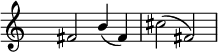 
\relative c' {
\clef G
\key c \major
\time 4/4
\override Staff.TimeSignature #'transparent = ##t
\stemUp fis2 b4( fis) | \stemNeutral cis'2( fis,) |
}
