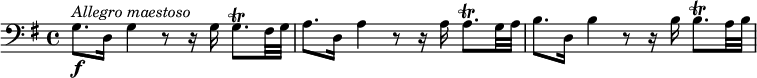 
\relative c' {
  \version "2.18.2"
  \clef bass
  \key g \major
  g8.\f^\markup { \italic {Allegro maestoso} } d16 g4 r8 r16 g g8.\trill fis32 g a8. d,16 a'4 r8 r16 a a8.\trill g32 a b8. d,16 b'4 r8 r16 b b8.\trill a32 b
}
