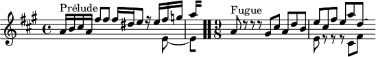 
\version "2.18.2"
\header { 
  tagline = ##f
}

\score {
  \new Staff \with {

  }
<<
  \relative c'' {
    \key a \major
    \time 4/4

     %% INCIPIT CBT I-5, BWV 850, ré majeur
     << { s4*0^\markup{Prélude} a16 b cis a fis'8 fis fis16 dis e8 r16 e fis g | \once \override Staff.TimeSignature #'stencil = ##f \time 1/8
{ 
 % suppression des warnings :
 #(ly:set-option 'warning-as-error #f)
 #(ly:expect-warning (_ "stem does not fit in beam")) %% <= à traduire éventuellement
 #(ly:expect-warning (_ "beam was started here")) %% <= à traduire éventuellement
  \set stemRightBeamCount = #2
  a4*1/4[ s]
} } \\ { s2 s4. e,8~ 
{ 
 % suppression des warnings :
 #(ly:set-option 'warning-as-error #f)
 #(ly:expect-warning (_ "stem does not fit in beam")) %% <= à traduire éventuellement
 #(ly:expect-warning (_ "beam was started here")) %% <= à traduire éventuellement
  \set stemRightBeamCount = #1
  e4*1/4[ s]
} } >> \bar ".."

    \time 9/8
     << { s4*0^\markup{Fugue} a8 d8\rest d8\rest d8\rest gis,8 cis a d b e cis fis e a d,~ \hideNotes d } \\ { s4.*3 e,8 r8 r8 r8 cis8 fis } >>

  }
>>
  \layout {
     \context { \Score \remove "Metronome_mark_engraver" 
     \override SpacingSpanner.common-shortest-duration = #(ly:make-moment 1/2) 
}
  }
  \midi {}
}
