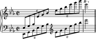 
\new PianoStaff <<
  \new Staff = "MD" \relative c {
    \override Rest #'style = #'classical
    \key es \major
    \time 2/2
    \change Staff = "MG"
    \stemUp
    \times 4/6 { es8 g bes \change Staff = "MD" es g bes }
    \stemNeutral
    \times 4/6 { es8 g bes es g bes }
    \ottava #1
    es2
    \bar "||"
  }
  \new Staff = "MG" \relative c, {
    \key es \major
    \time 2/2
    \clef bass
    \stemDown
    \times 4/6 { es8 g bes es g bes }
    \clef treble \stemNeutral
    \times 4/6 { es8 g bes es g bes }
    es2
    \bar "||"
  }
>>
