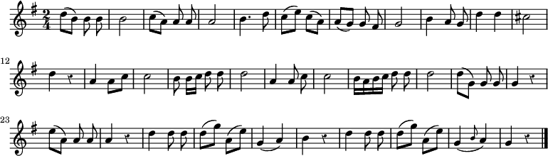 
\relative c'' {
  \override Rest #'style = #'classical
  \key g \major
  \time 2/4
  \autoBeamOff
  d8[( b]) b b
  b2
  c8[( a]) a a
  a2
  b4. d8
  c[( e]) c[( a])
  a[( g]) g fis
  g2 b4 a8 g

  d'4 d
  cis2
  d4 r
  a a8[ c]
  c2
  b8 b16[ c] d8 d
  d2
  a4 a8 c
  c2 b16[ a b c] d8 d

  %tourne

  d2
  d8[( g,]) g g
  g4 r
  e'8[( a,]) a a
  a4 r
  d d8 d
  d[( g]) a,[( e'])
  g,4( a)

  b r
  d d8 d
  d[( g]) a,[( e'])
  g,4( \grace b8 a4)
  g r
  \bar "|."
}
