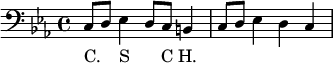 
\relative c {
  \tempo 4=72 \set Score.tempoHideNote = ##t \clef bass \key c \minor
  c8 d es4 d8 c h4 c8 d es4 d c 
}
\addlyrics { C. _ S _ C H. }
