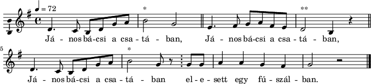 
\version "2.14.2"
\layout { \context { \Voice \consists "Ambitus_engraver" } }
\header { tagline = "" }    % ne legyen copyright szöveg
elsosor = \relative c' { d4. c8 b d g a b2^\markup { * } }
dallam  = \relative c' {
      \key g \major
      \time 4/4
      \tempo 4 = 72
      \set Staff.midiInstrument = "trumpet"
      \transposition c'
        \elsosor g' \bar "||" e4. fis8 g a fis e d2^\markup { ** } b4 r \bar "||"
        \elsosor g'8 r \bar ";"  g g a4 a g fis g2 r \bar "|."
      }
\score {
   <<
   \dallam
   \addlyrics {
        \repeat unfold 3 { Já -- nos bá -- csi a csa -- tá -- }
                \alternative { { ban, } { ban, } { ban } }
        el -- e -- sett egy fű -- szál -- ban.
      }
   >>
   \layout { indent = 0.0\cm }
}
\score {
   \unfoldRepeats
   \dallam
   \midi { }
}
