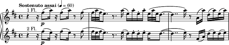 {\ new PianoStaff << \ new Staff \ relative c '' {\ set Staff.midiInstrument = #"flöjt" \ clef diskant \ tid 4/4 \ tempo "Sostenuto assai" 4 = 60 \ key b \ minor r4^" 1 fl. "  r16 fis8 \ p (a16) r16 fis8 (a16) r8 fis (| \ scaleDurations 2/3 {fis32 a fis} e8.) r8.  a16] (e) [a-.  e-.  a-.] \ scaleDurations 2/3 {e32 (ae} d8. ~ | d4 .. a'16) r8 a, 16 (a ') d, (a') e (a) |  } \ new Staff \ relativ c '' {\ set Staff.midiInstrument = #"flöjt" \ clef diskant \ tid 4/4 \ key b \ minor r4^"2 Fl."  r16 fis8 \ p (e16) r16 fis8 (e16) r8 fis8 (| \ scaleDurations 2/3 {fis32 e fis} e8.) r8.  e16] (d) [e-.  d-.  e-.] d d8. (~ | d4 .. e16) r8 fis, 16 (a) d (e) d (e)} >>}